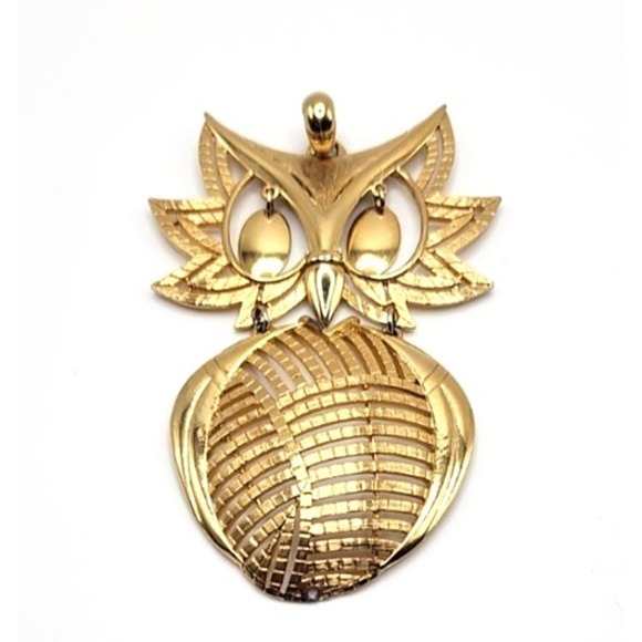 Jewelry - Alan Signed Vintage Owl Pendant Necklace Gold Tone 3.5 in Retro Modern Jewelry